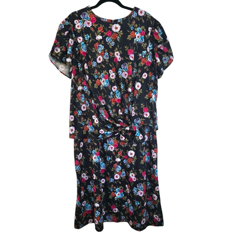 Retro Down Side Up Black Floral Layered Twofer Short Sleeve Midi Dress 20W Plus